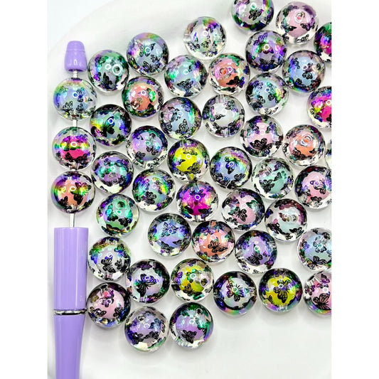 UV Coating Double Layer Clear Acrylic Beads with Black Butterfly Pattern, Random Mix, 16MM