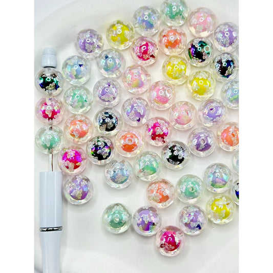 Double Layer Clear Acrylic Beads with White Butterfly Pattern, Random Mix, 16MM