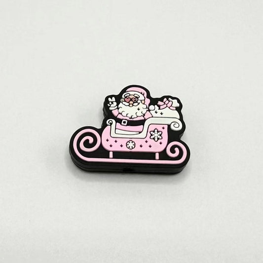 Pink Father Christmas Santa in a Sleigh Car Silicone Focal Beads