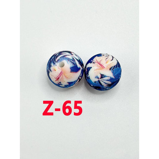 Lilies On Coconut Tree Round Printed Silicone Beads 15mm, Number Z-65