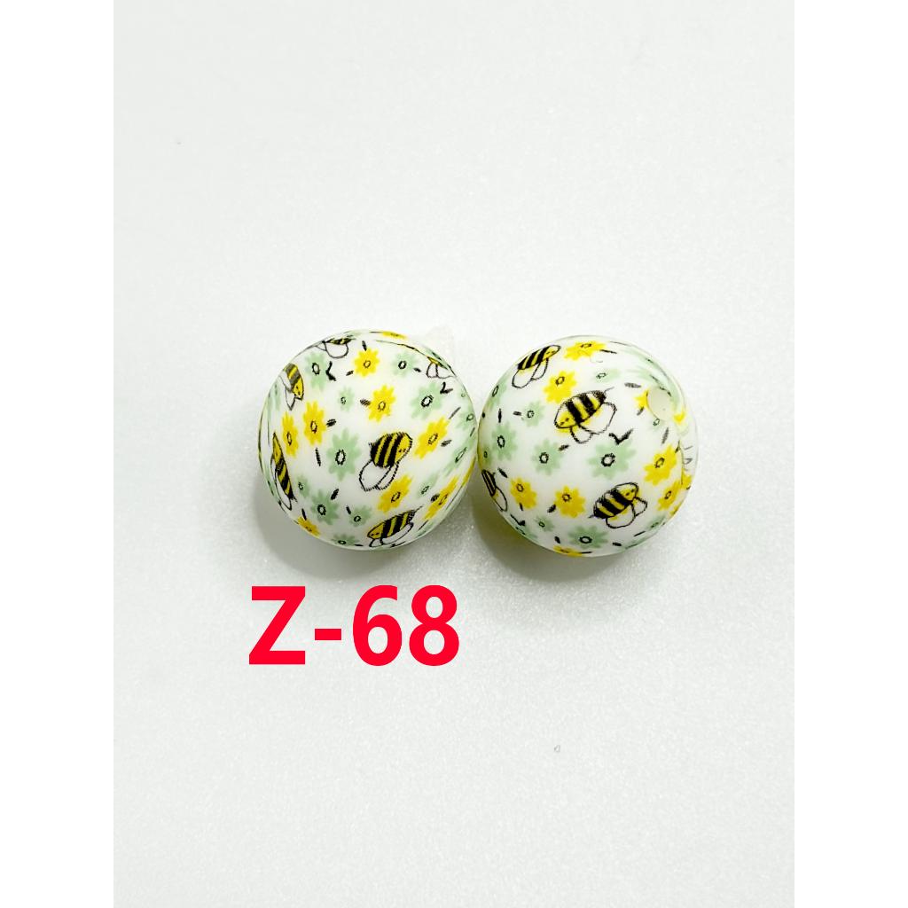 Cute Bees With Flowers Round Printed Silicone Beads 15mm, Number Z-68