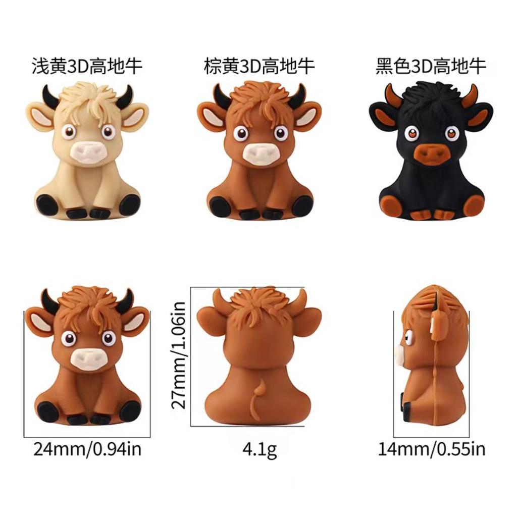 3D Cute Highland Cattle Silicone Focal Beads Random Mix