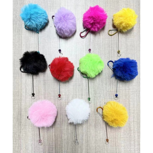 8CM Fluffy Pom Pom Balls with Beadable Carabiner Keychain with Metal Bar Snap Ring Keyring, Random Mix