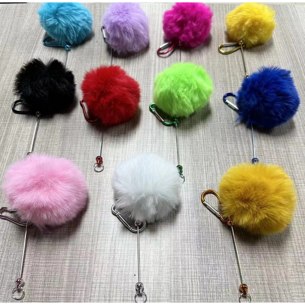 8CM Fluffy Pom Pom Balls with Beadable Carabiner Keychain with Metal Bar Snap Ring Keyring, Random Mix