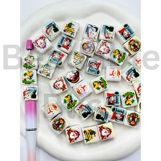 UV Coating Merry Christmas Cube Square Acrylic Beads, Random Mix, 16MM