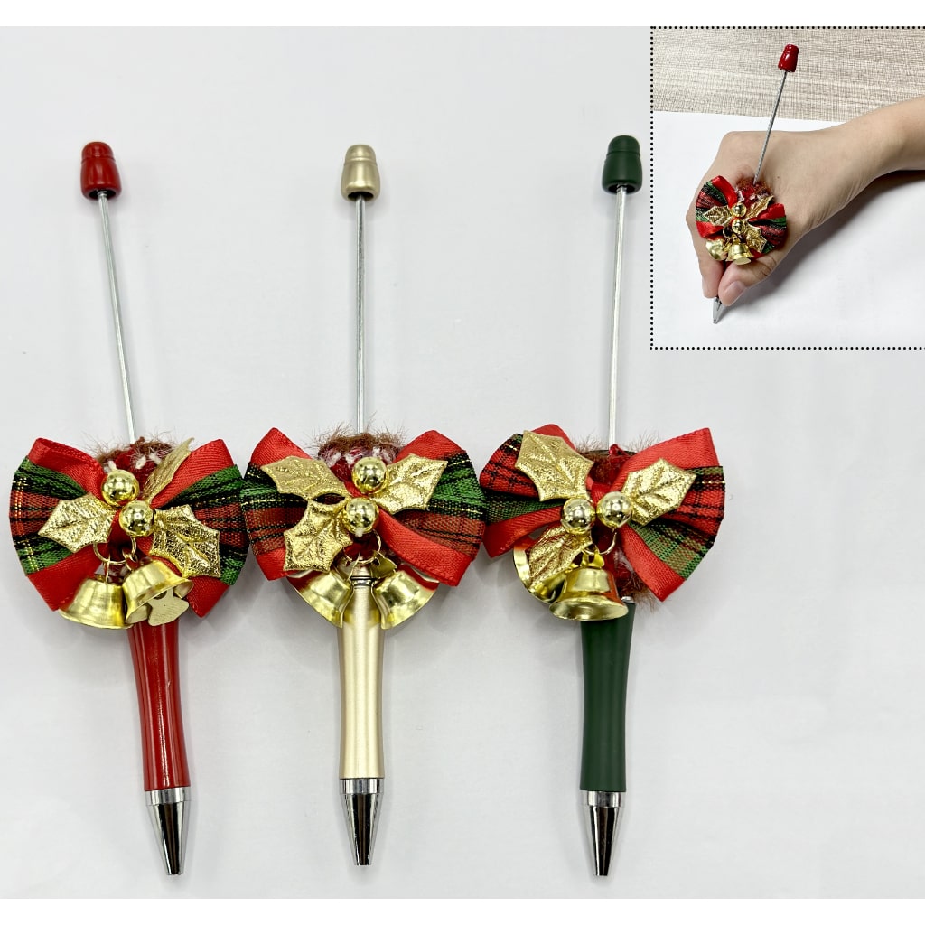 Beadable Christmas Theme Pen with Bowknot Bell Leaf in Solid Color