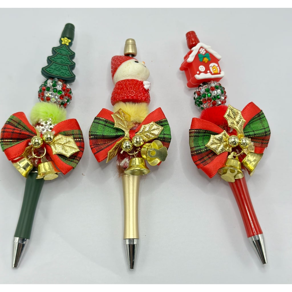 Beadable Christmas Theme Pen with Bowknot Bell Leaf in Solid Color