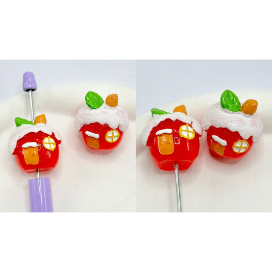 Vivid Cute Red Apple House Christmas Pen Topper Acrylic Beads, Around 29*31MM