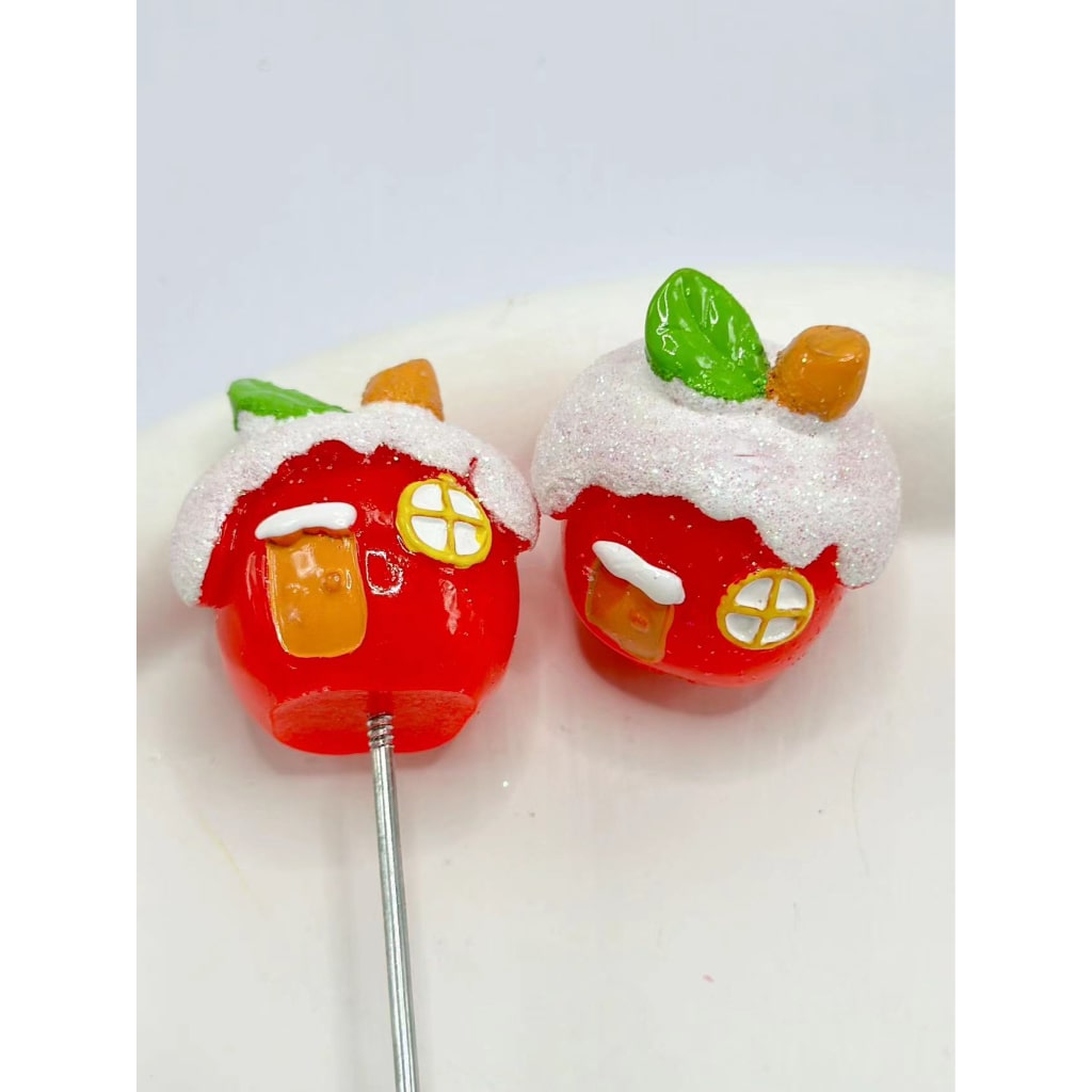 Vivid Cute Red Apple House Christmas Pen Topper Acrylic Beads, Around 29*31MM