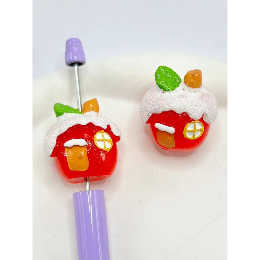 Vivid Cute Red Apple House Christmas Pen Topper Acrylic Beads, Around 29*31MM