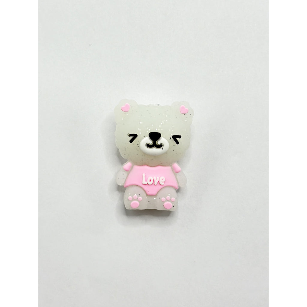 3D Cute Glittery Bear in Pink Dress Silicone Focal Beads