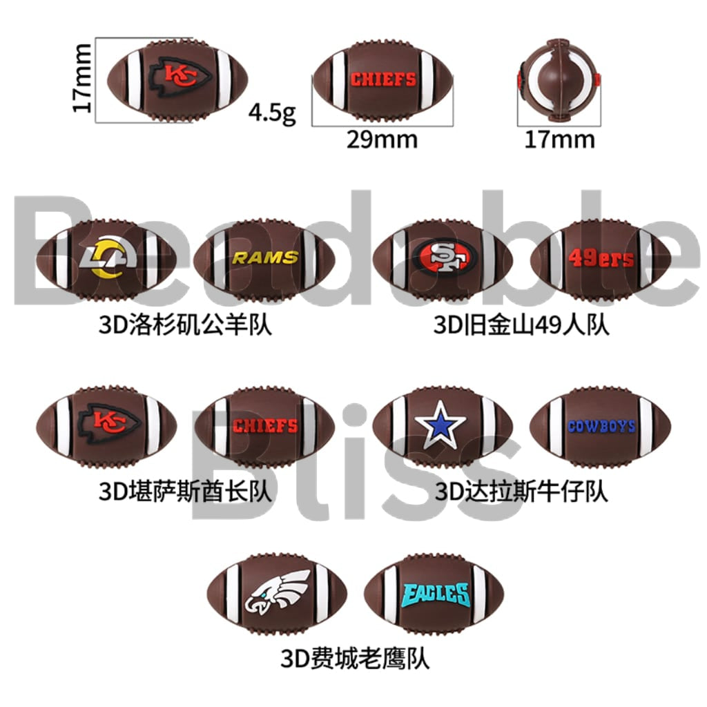 3D American USA Football Team Sports Los Angeles Ram San Francisco 49er Kansas Chief Dallas Cowboy Philadelphia Eagle Silicone Focal Beads