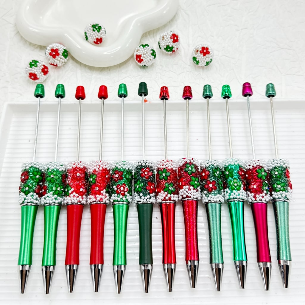 DIY Christmas Red & Green Small Flower with Clear Rhinestone Inside White Pearl Beadable Pen