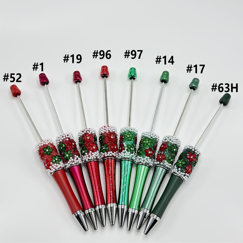 DIY Christmas Red & Green Small Flower with Clear Rhinestone Inside White Pearl Beadable Pen