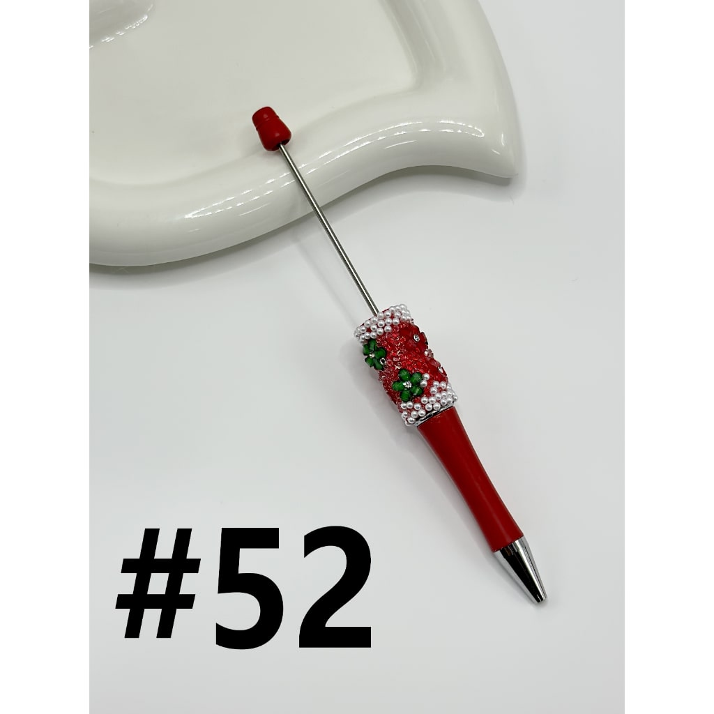 DIY Christmas Red & Green Small Flower with Clear Rhinestone Inside White Pearl Beadable Pen