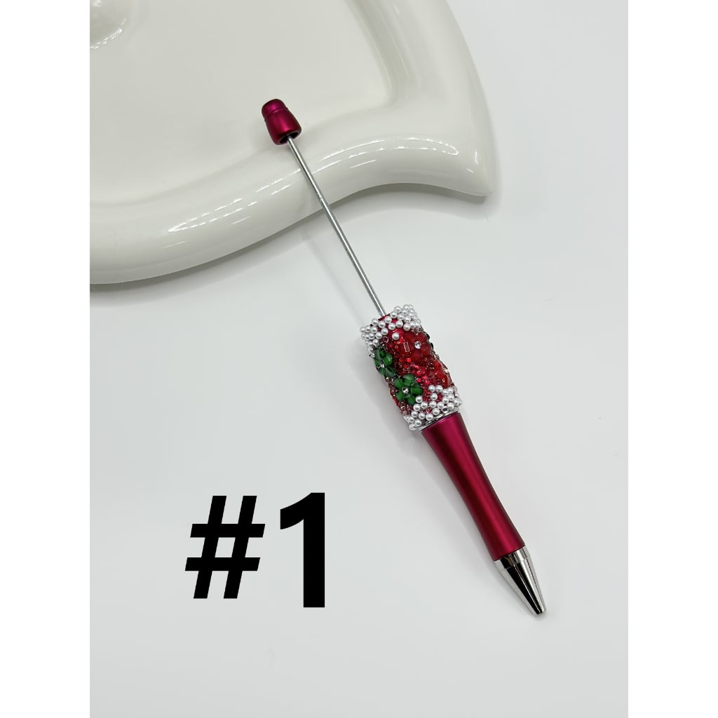 DIY Christmas Red & Green Small Flower with Clear Rhinestone Inside White Pearl Beadable Pen