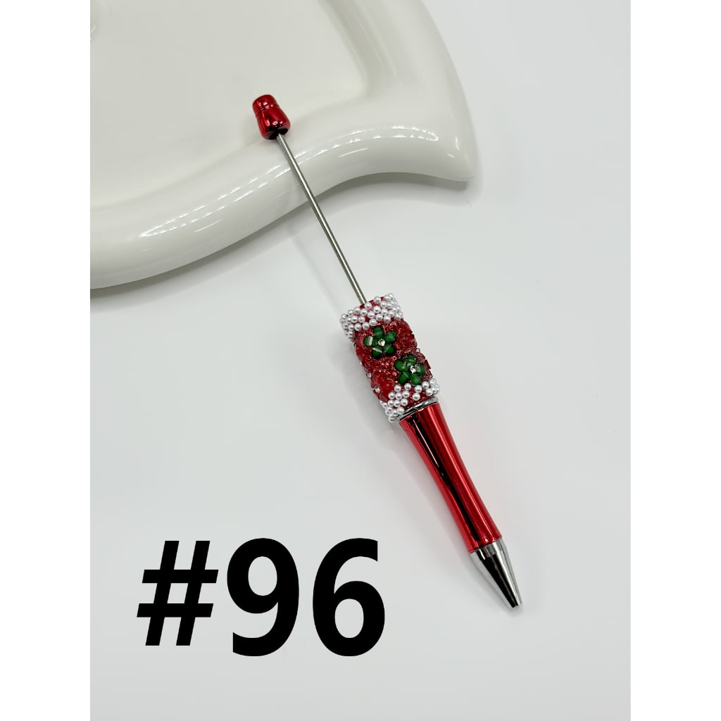 DIY Christmas Red & Green Small Flower with Clear Rhinestone Inside White Pearl Beadable Pen