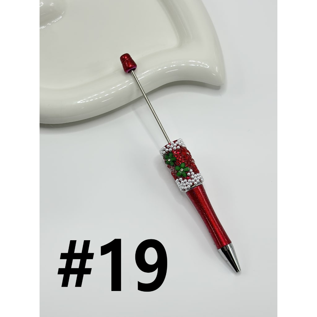 DIY Christmas Red & Green Small Flower with Clear Rhinestone Inside White Pearl Beadable Pen