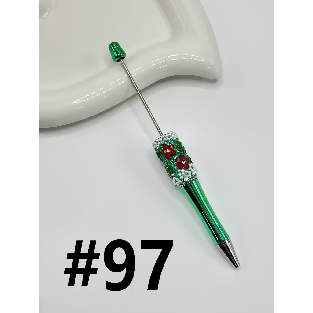 DIY Christmas Red & Green Small Flower with Clear Rhinestone Inside White Pearl Beadable Pen