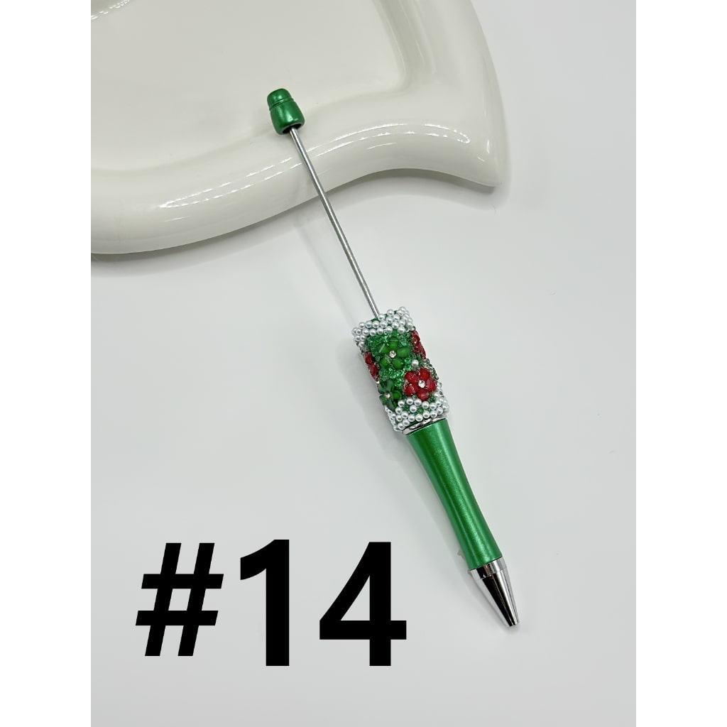 DIY Christmas Red & Green Small Flower with Clear Rhinestone Inside White Pearl Beadable Pen