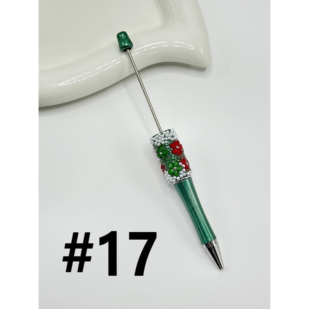 DIY Christmas Red & Green Small Flower with Clear Rhinestone Inside White Pearl Beadable Pen