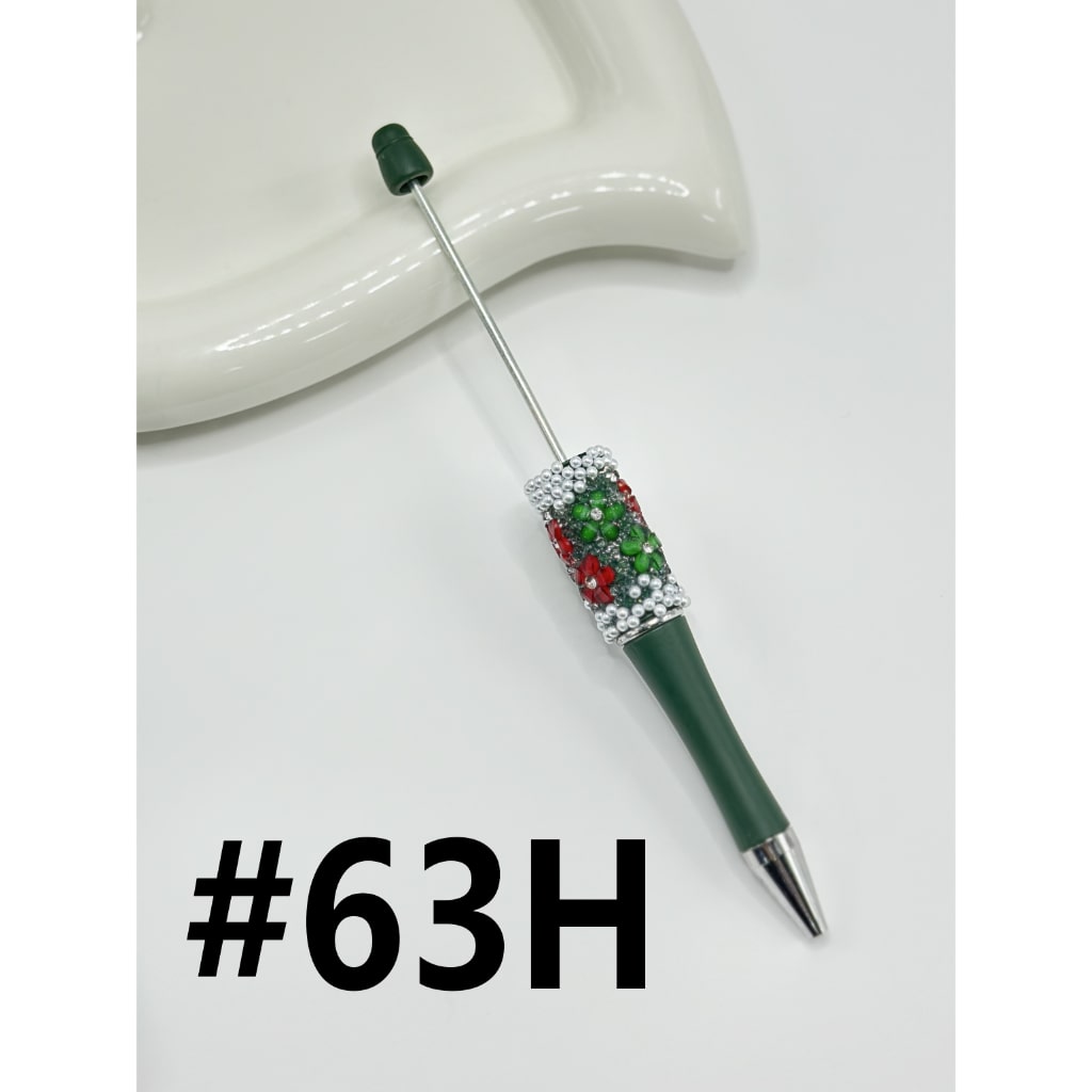 DIY Christmas Red & Green Small Flower with Clear Rhinestone Inside White Pearl Beadable Pen