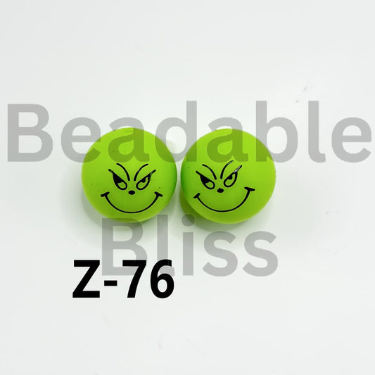 Christmas Green Monster's Grinc Weird Smile Green Round Printed Silicone Beads 15mm, Number Z-76