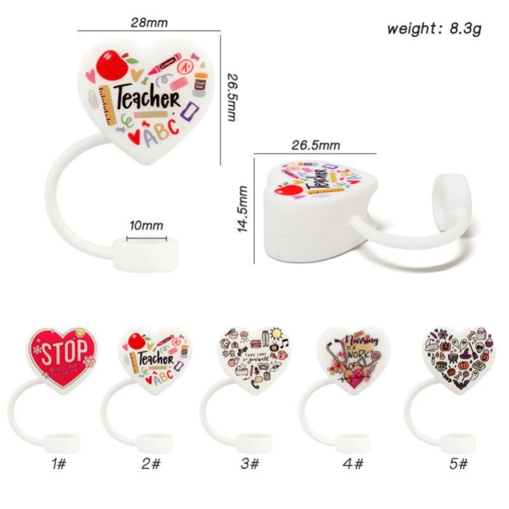 Heart Shape Teacher Stop Nurse Halloween Food Grade Cup Tumbler Silicone Straw Topper, Random Mix