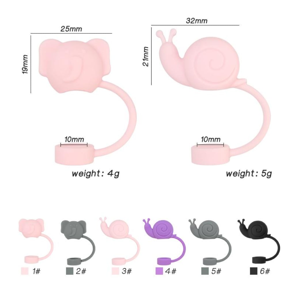 Cute Snail Elephant Food Grade Cup Tumbler Silicone Straw Topper, Random Mix