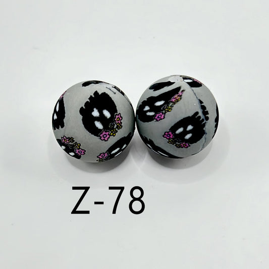 Black Horror Ghost with Flowers Round Printed Silicone Beads 15mm, Number Z-78