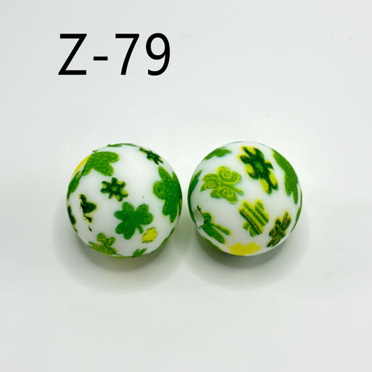 Green Tree Leaves Round Printed Silicone Beads 15mm, Number Z-79