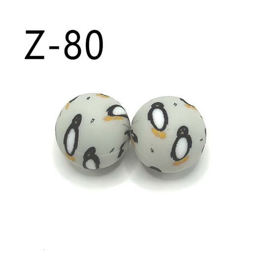 Little Cute Penguin Round Printed Silicone Beads 15mm, Number Z-80