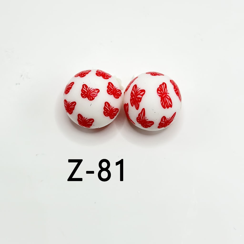 Beautiful Red Butterfly Round Printed Silicone Beads 15mm, Number Z-81