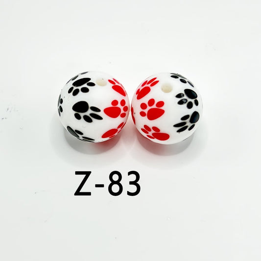 Red & Black Paw Print White Round Printed Silicone Beads 15mm, Number Z-83