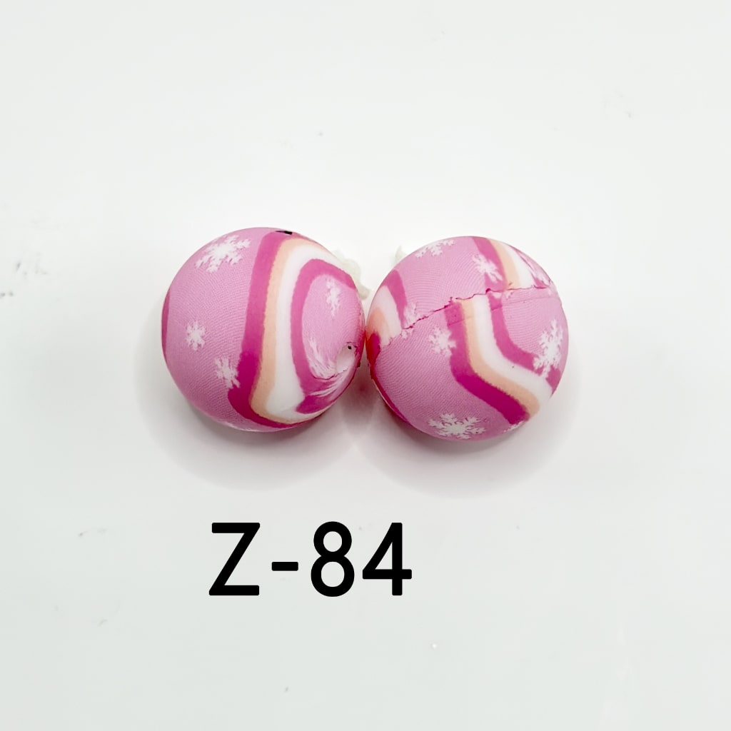 Snow Flower Crooked Stripes Pink Round Printed Silicone Beads 15mm, Number Z-84