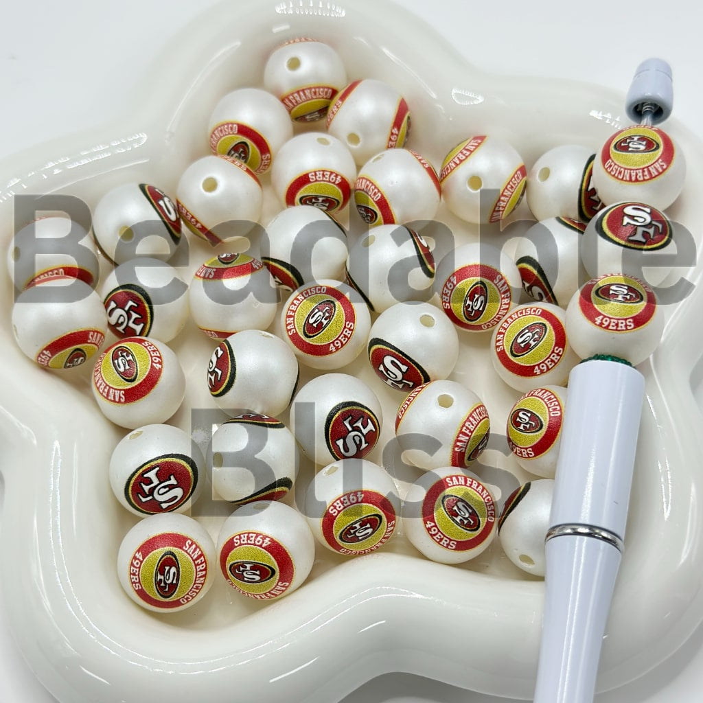 USA American Football Team Sports Frosted Matt White Round Acrylic Beads, 16MM