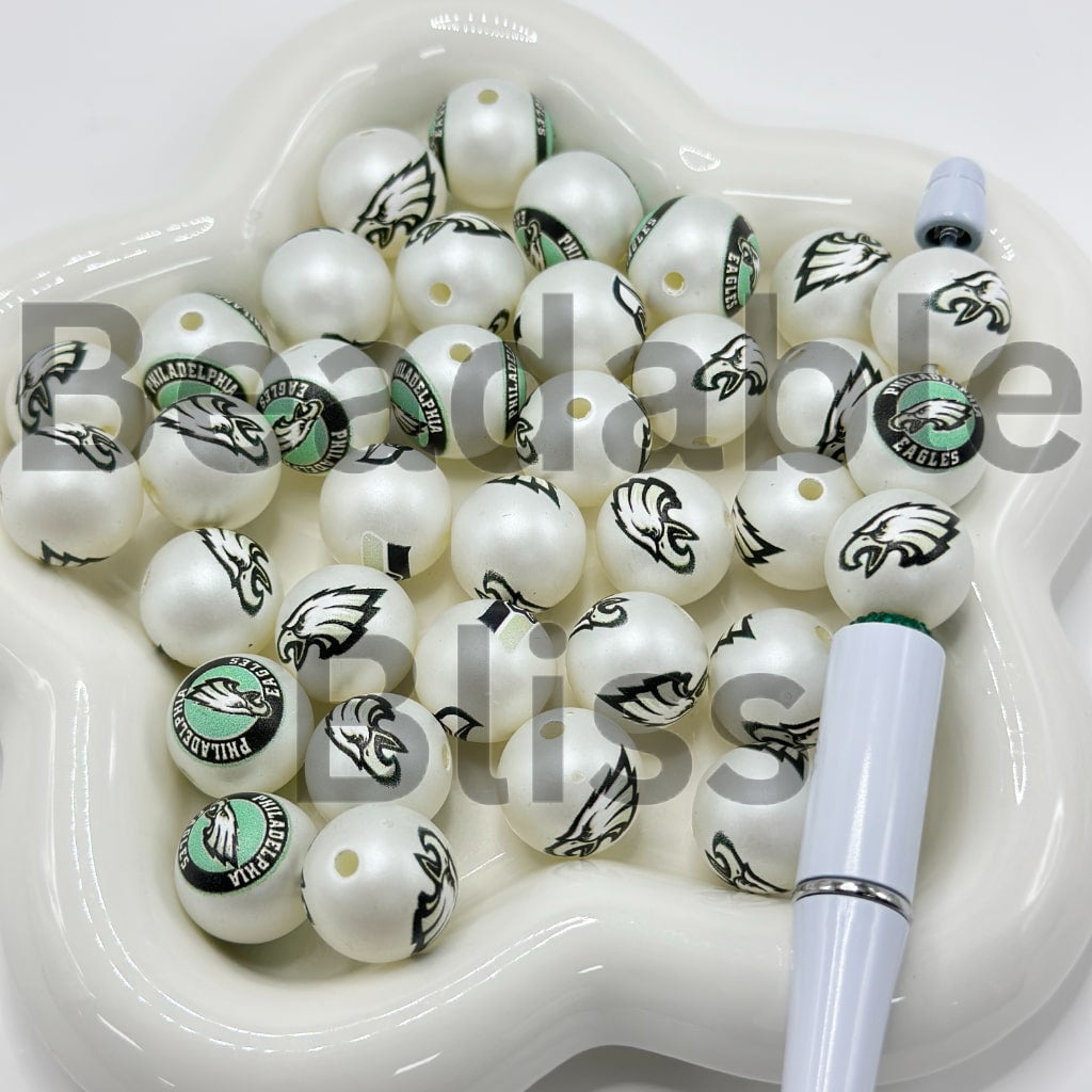 USA American Football Team Sports Frosted Matt White Round Acrylic Beads, 16MM