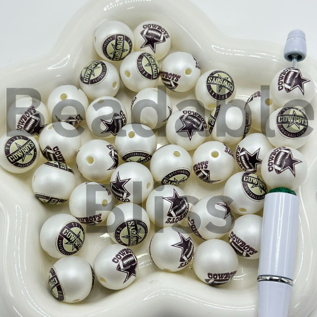 USA American Football Team Sports Frosted Matt White Round Acrylic Beads, 16MM