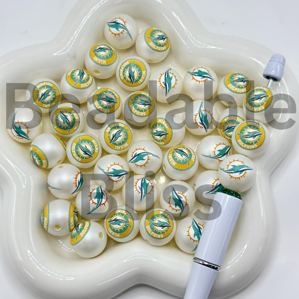 USA American Football Team Sports Frosted Matt White Round Acrylic Beads, 16MM