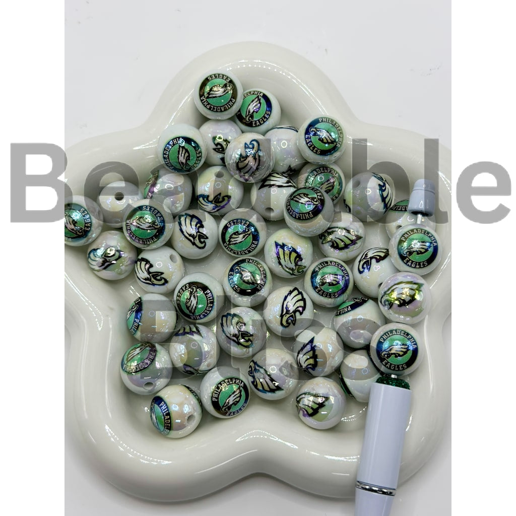 USA American Football Team Sports UV Finish White Round Acrylic Beads, 16MM