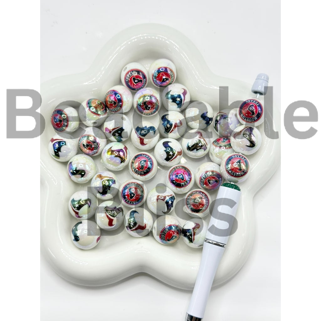 USA American Football Team Sports UV Finish White Round Acrylic Beads, 16MM