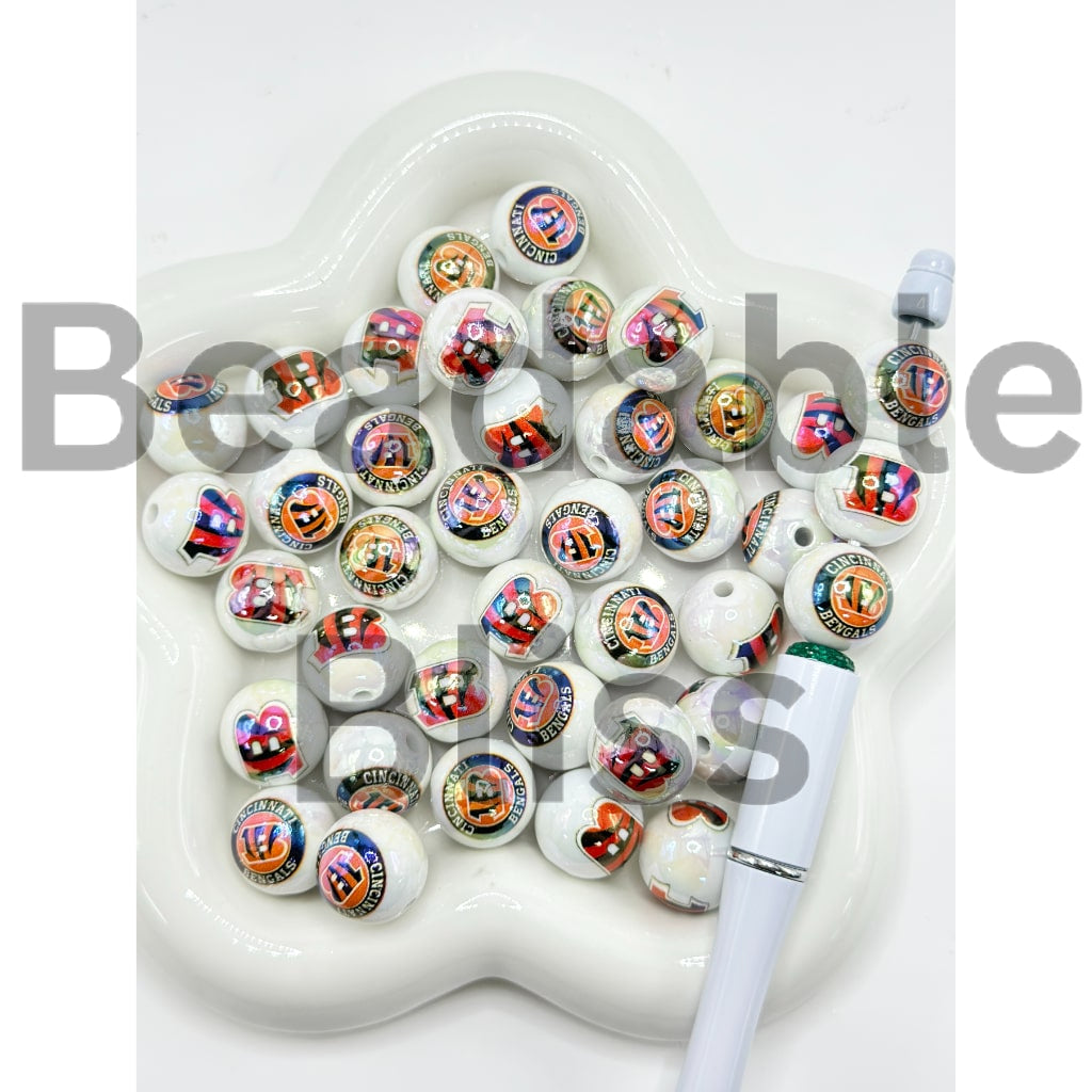 USA American Football Team Sports UV Finish White Round Acrylic Beads, 16MM