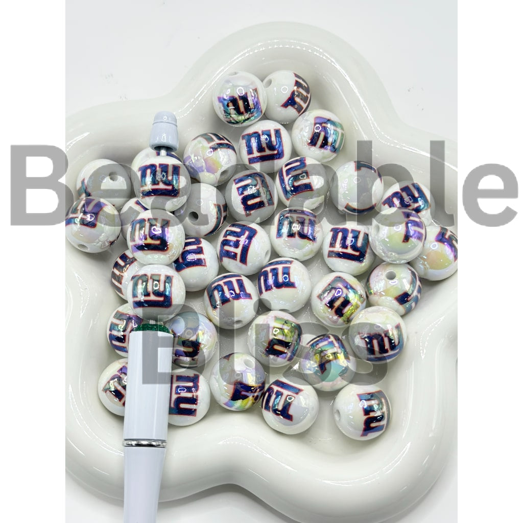 USA American Football Team Sports UV Finish White Round Acrylic Beads, 16MM