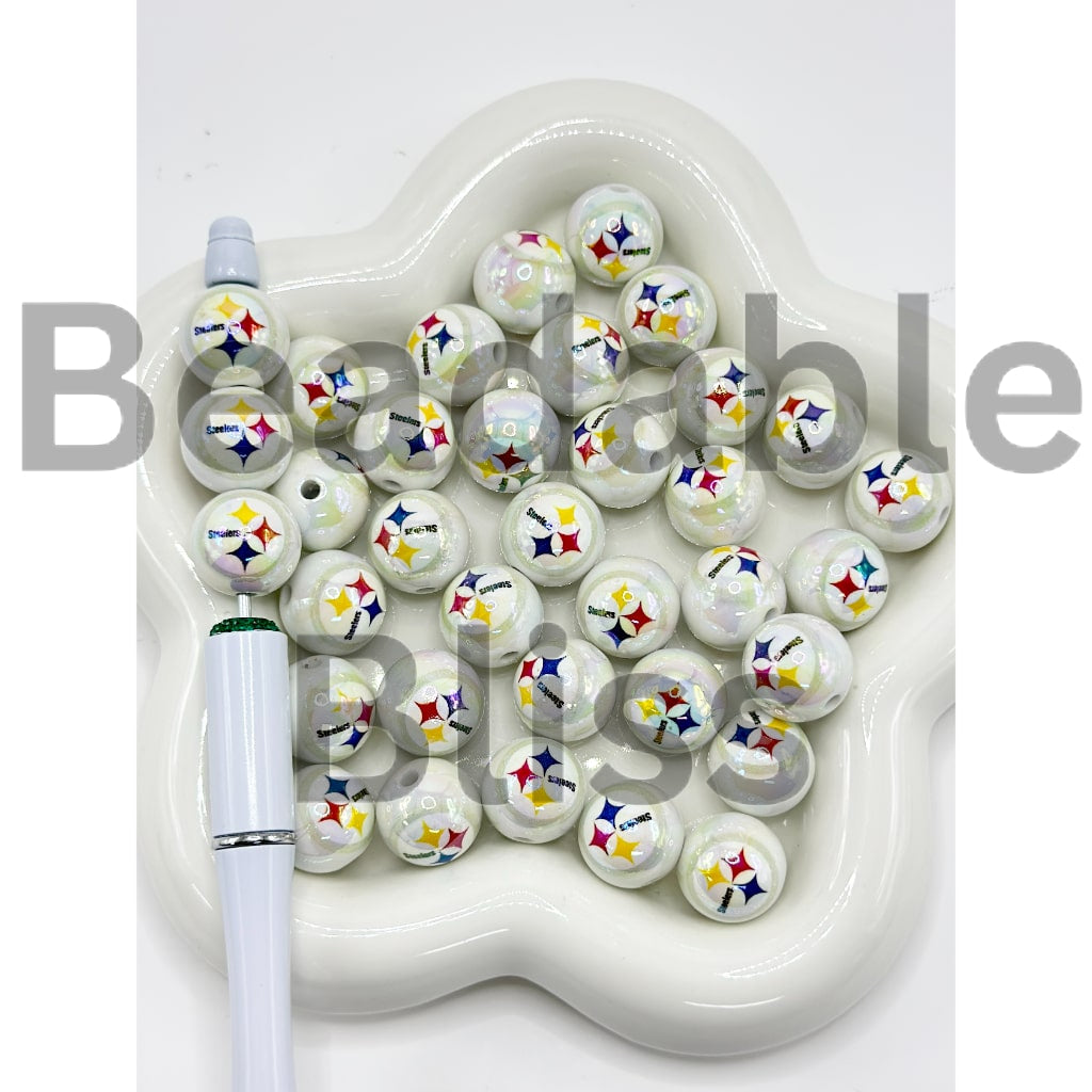 USA American Football Team Sports UV Finish White Round Acrylic Beads, 16MM