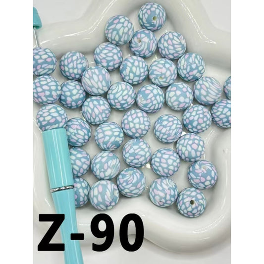 Light Blue Beads, Round Printed Silicone Beads, Size 15mm, Light Blue Color, Number Z-90