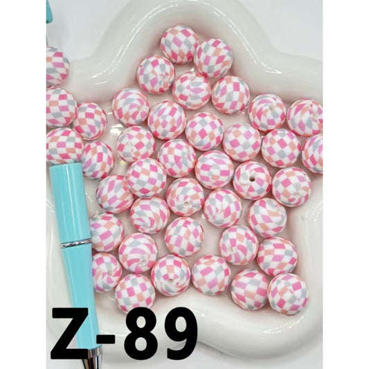 Multi Colors Checkered Round Printed Silicone Beads 15mm, Number Z-89