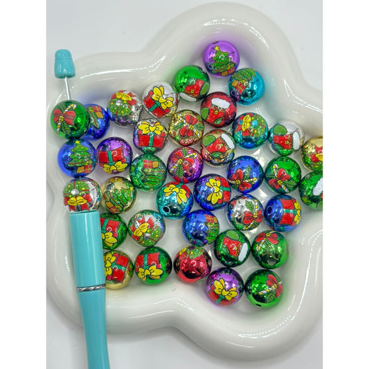 Bling Bling Metallic Color Christmas Gift Boxes Socks Round Acrylic Beads, Random Mix, 16MM