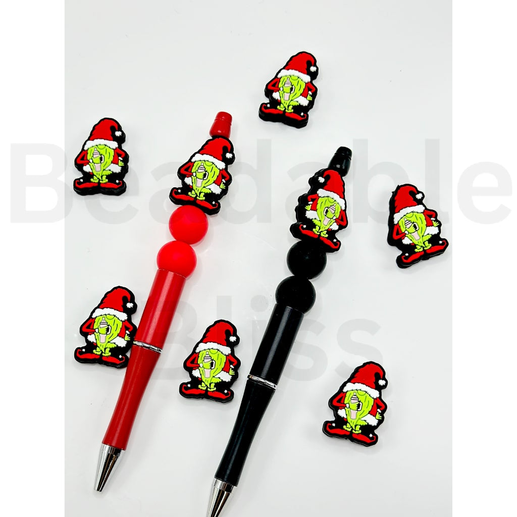 The Green Gnome Dwarf in a Red Christmas Hat Holds a Bottle Vacuum Cup Mug Silicone Focal Beads