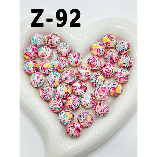 Colorful Art Design Round Printed Silicone Beads 15mm, Number Z-92