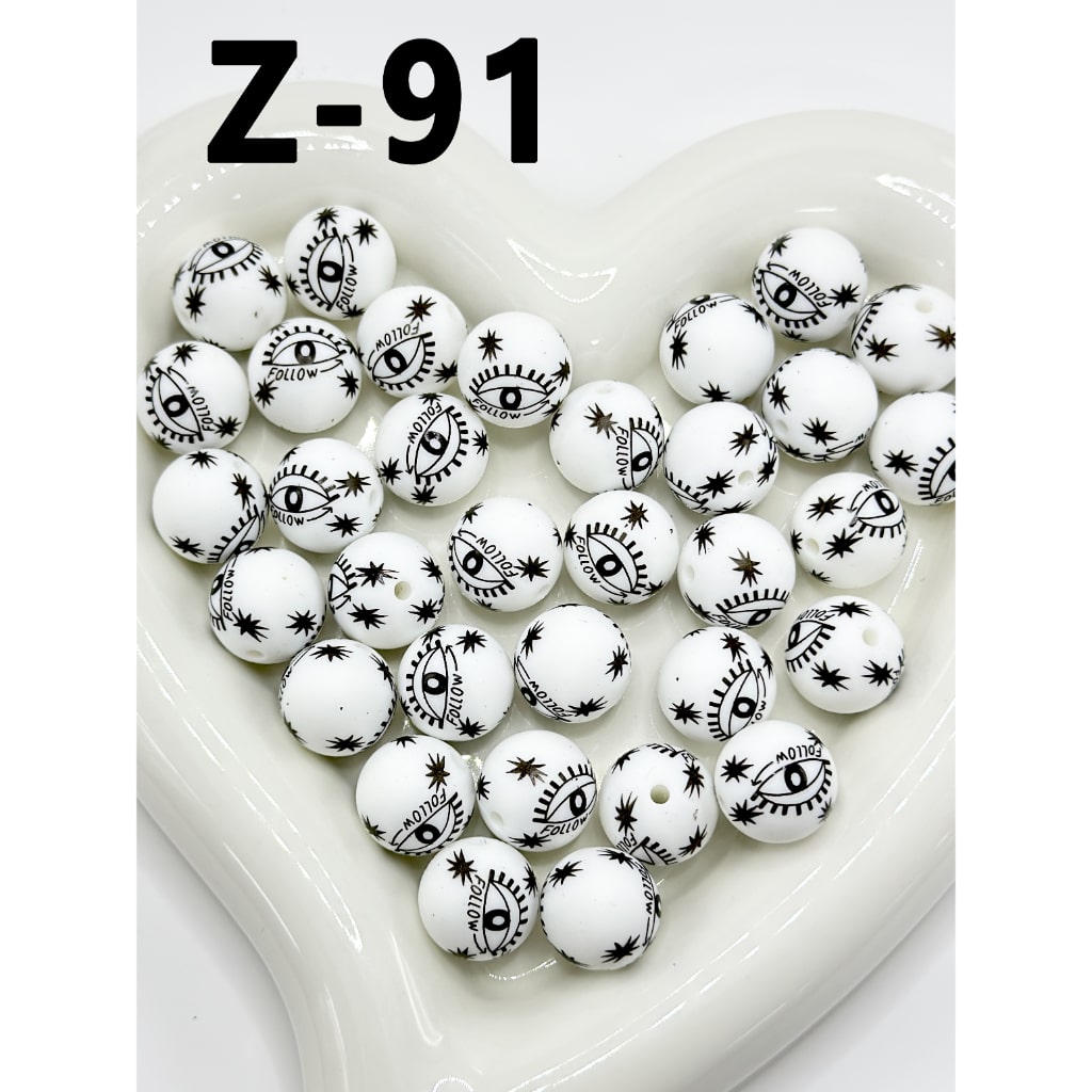 Black Big Eyes Follow White Round Printed Silicone Beads 15mm, Number Z-91